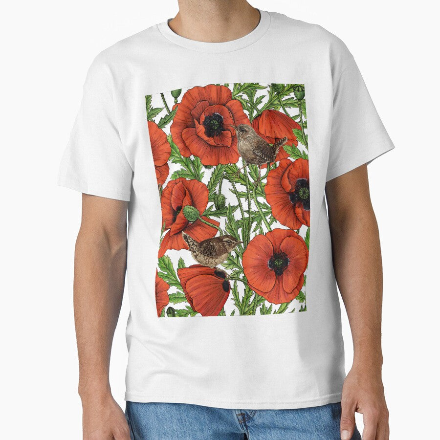 Red poppies and wrens, green leaves on white by Katerina Mitkova Kirilova