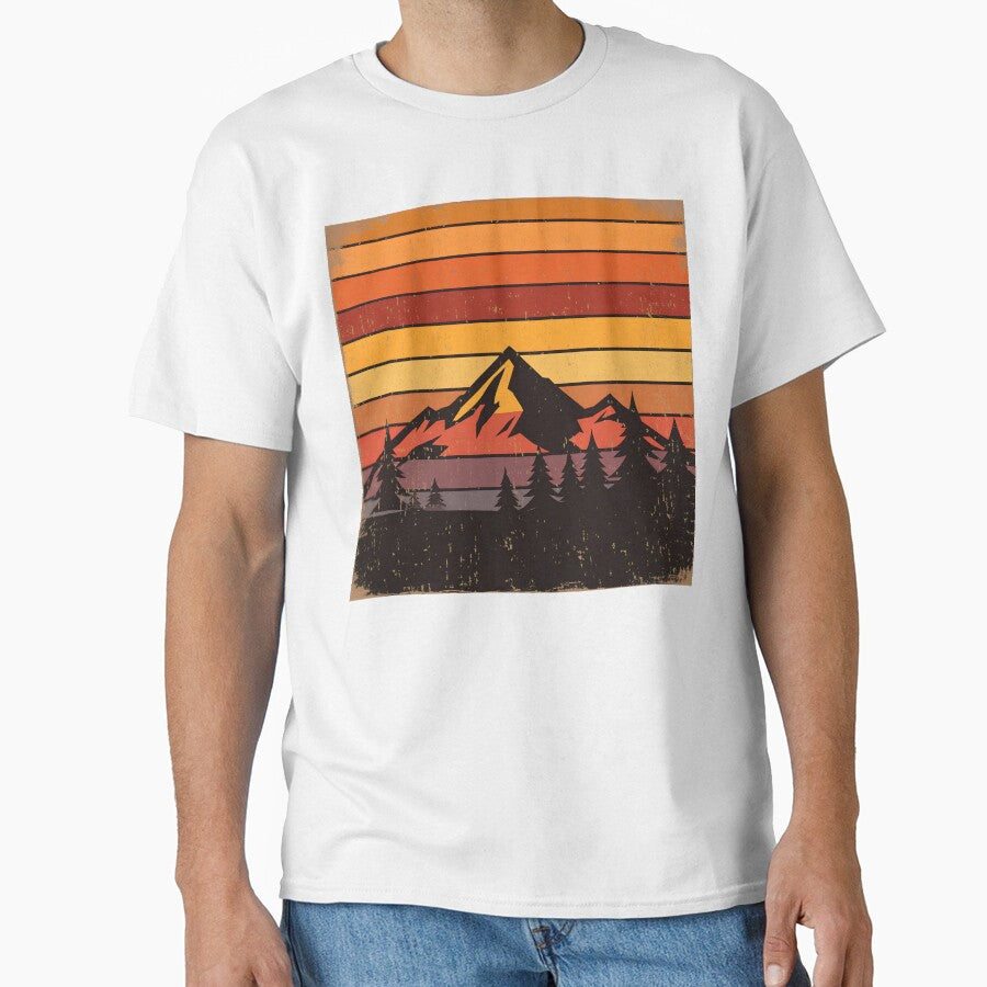 Retro 70s Sunset Mountain Sticker – Vintage Silhouette with Pine Trees & Distressed Texture by The-Library