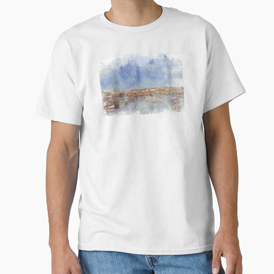 Picturesque Fishing Harbor of Marsaxlokk - Malta - Line and Wash Drawing by Retro Art Factory