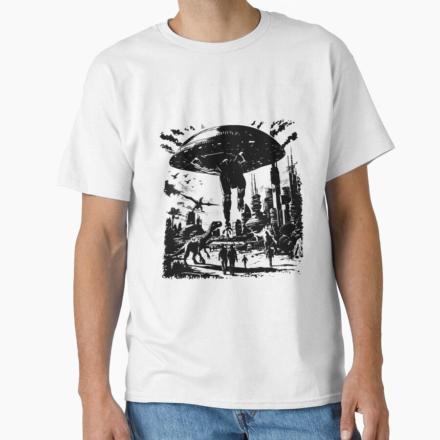UFO and Dinosaurs in Futuristic City | Sci-Fi Prehistoric Mashup Art by inkoutninja