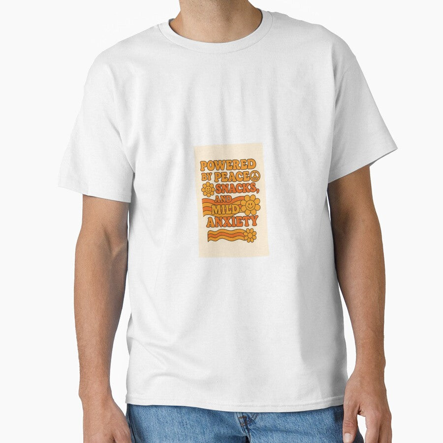 Powered by Peace, Snacks, and Mild Anxiety – Retro 1970s Aesthetic Funny Quote Design by WhimsyByPaul.redbubble.com