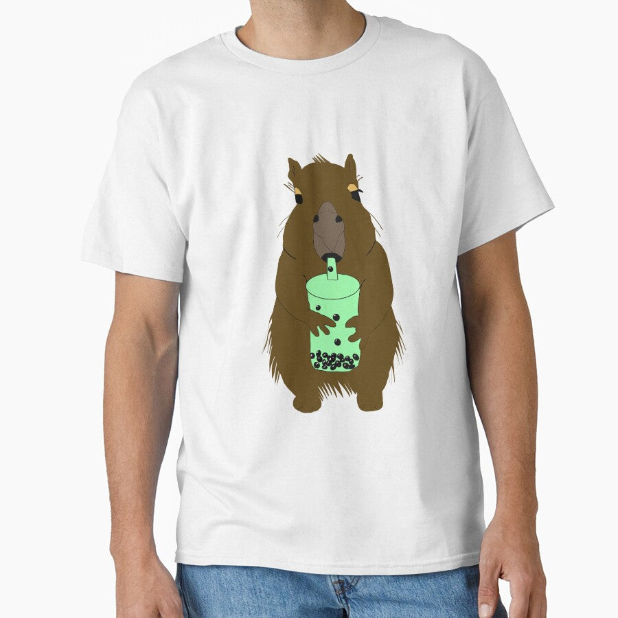 Cute Capybara Drinking Matcha Bubble Tea Illustration by Najomiartstudio