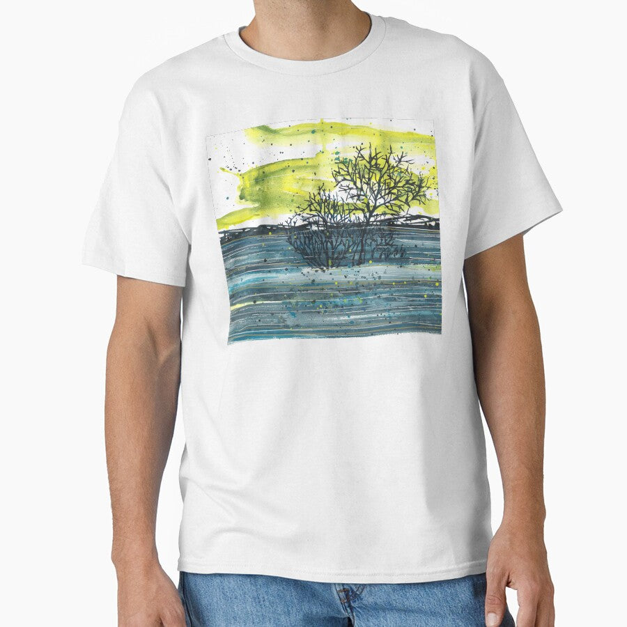Watercolor blue and yellow landscape, abstract landscape, trees by anaozzart