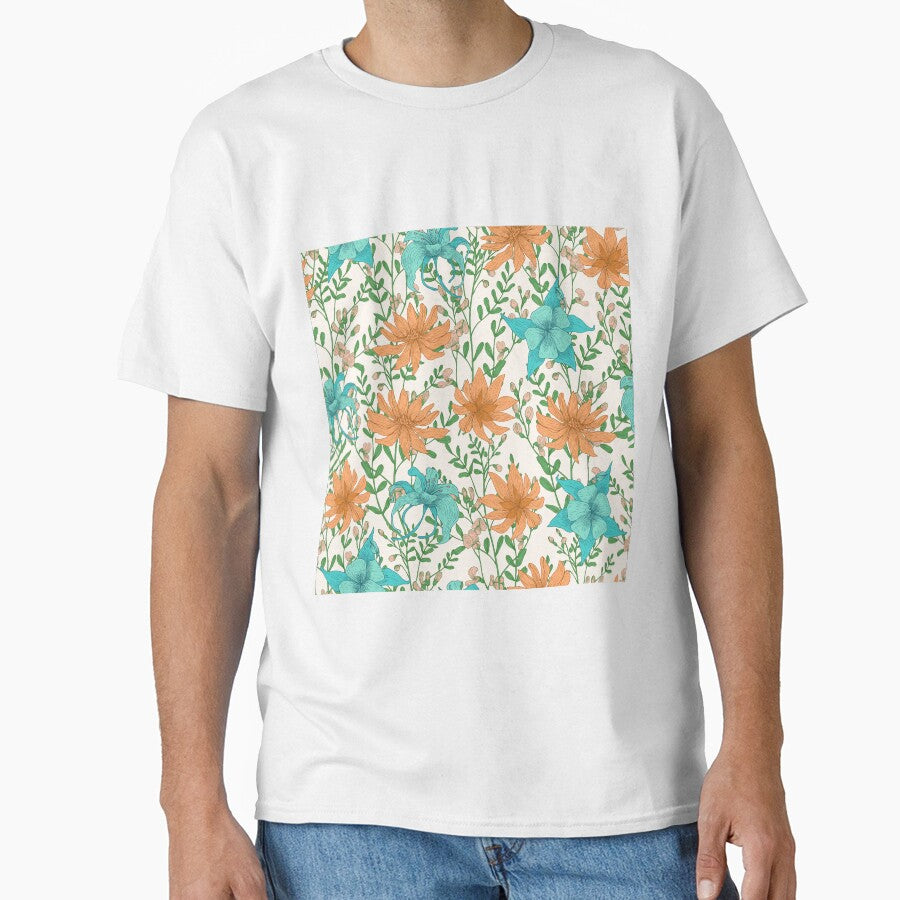 Vintage Meadow Flowers Pattern Orange and Turquoise by nouveaudecor