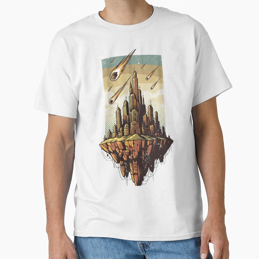 Floating City in the Sky T-Shirt – Apocalyptic Sci-Fi Fantasy Island Art Print by Dzblack