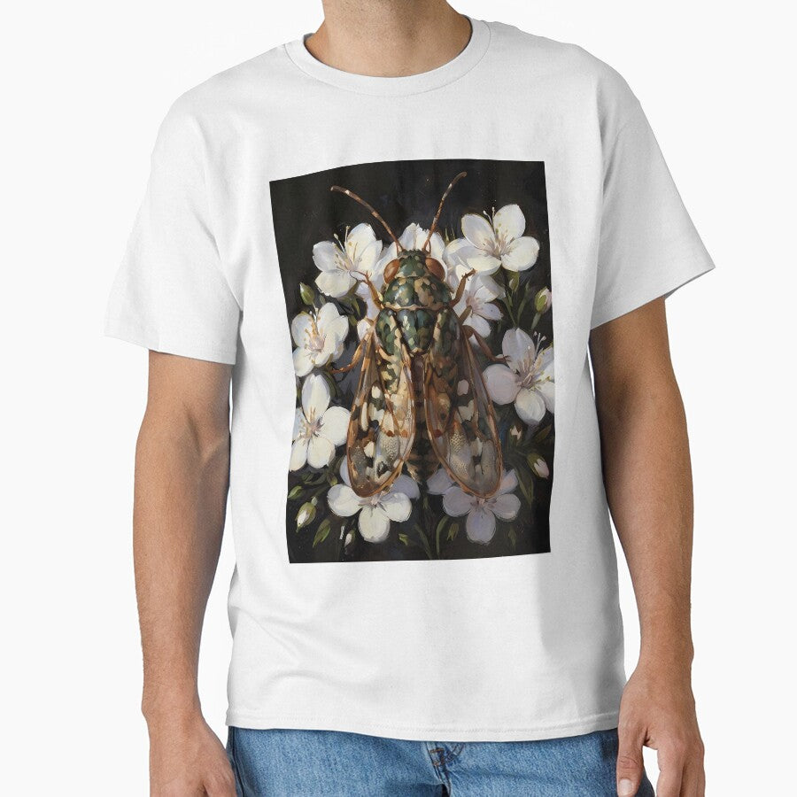 Cicada and white wild flowers - insect bug goblincore oil painting by Fantasy Cache