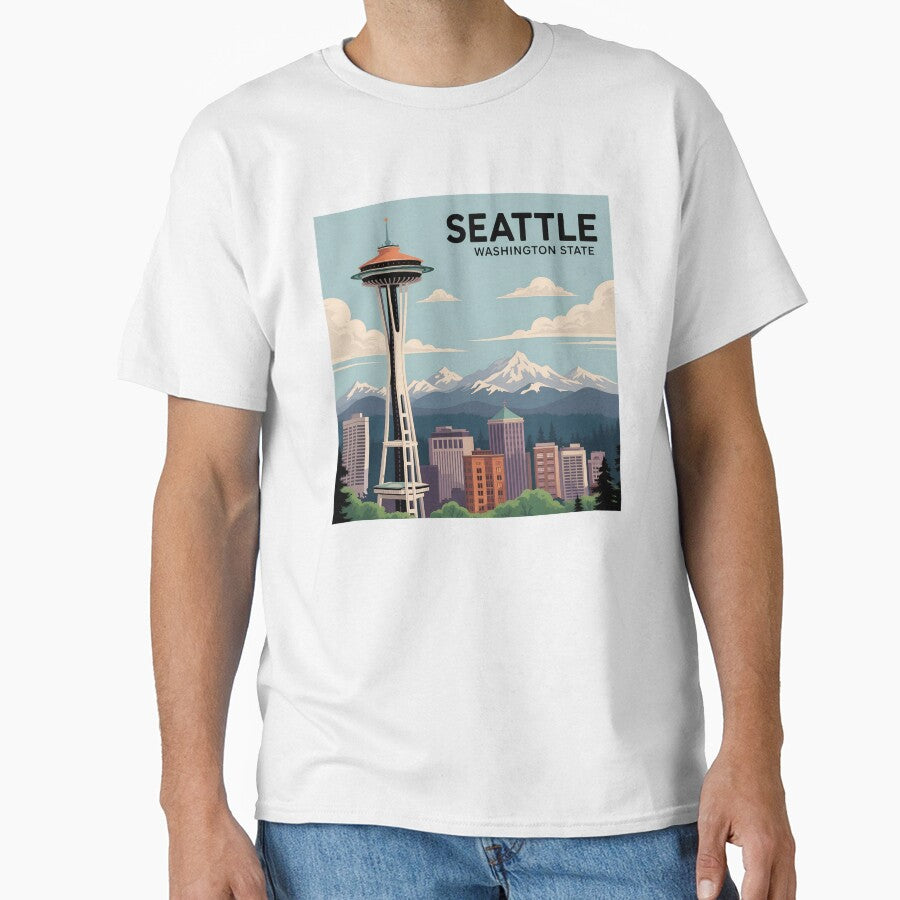 Seattle Skyline Poster – Vintage Travel Style with Space Needle and Mountains by VividOrganica