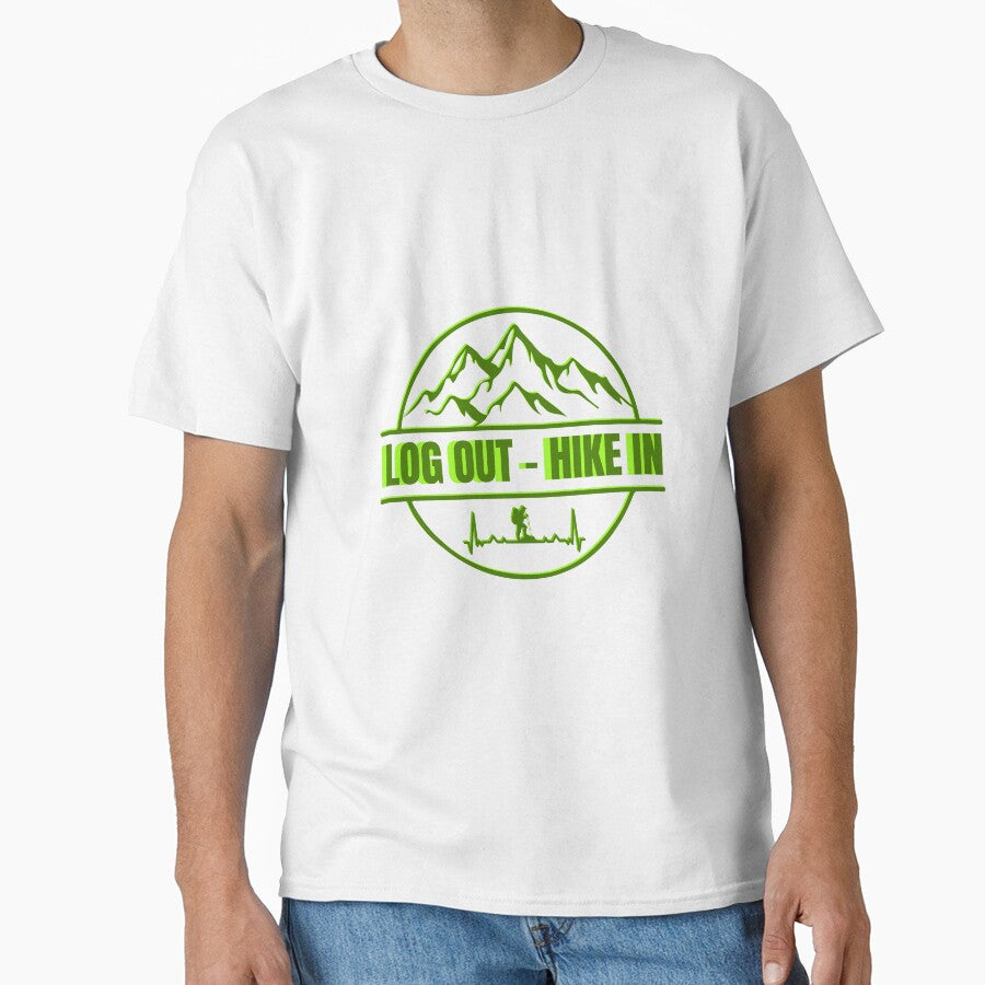Log Out Hike In | Hiking Badge T-Shirt by inespublishing