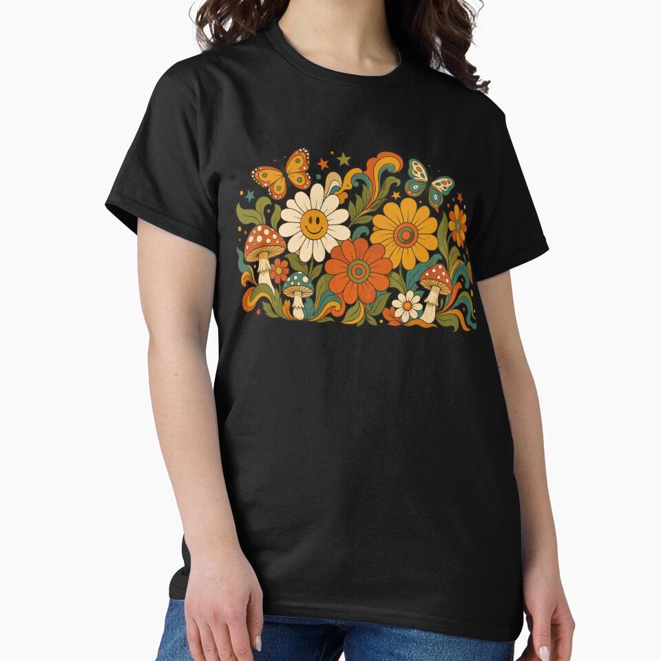 Retro 70s Boho Hippie Groovy Floral Mushroom & Butterfly Art by Far Out Goods
