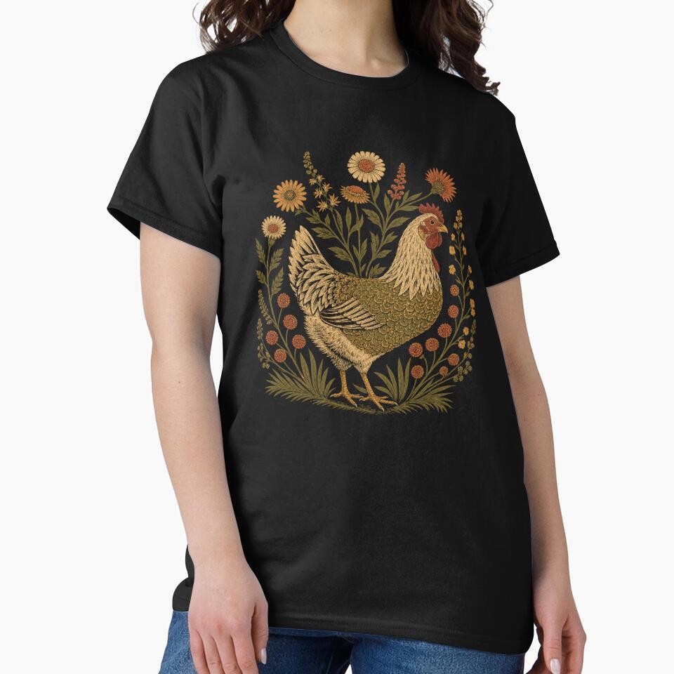 Retro Folk Art Chicken Surrounded By Wildflowers by Moizento