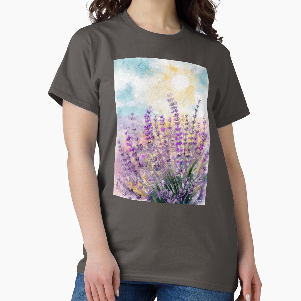 Watercolor Lavender Field Sunlit Botanical Art by LafinaArt
