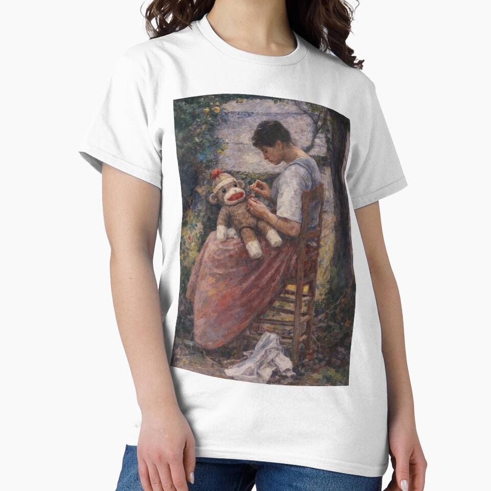 Mending Memories – Impressionist Woman Repairing a Sock Monkey by Pickled Poppies