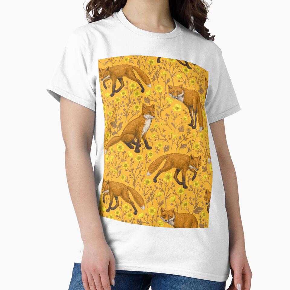 Foxes and buttercups on orange by Katerina Mitkova Kirilova