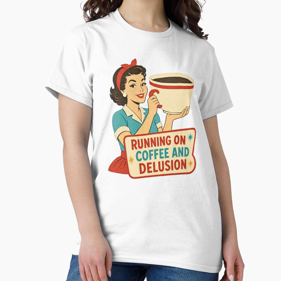 Running on Coffee and Delusion | Funny Retro Coffee Lover Vintage Pin Up Design by Fernhaven