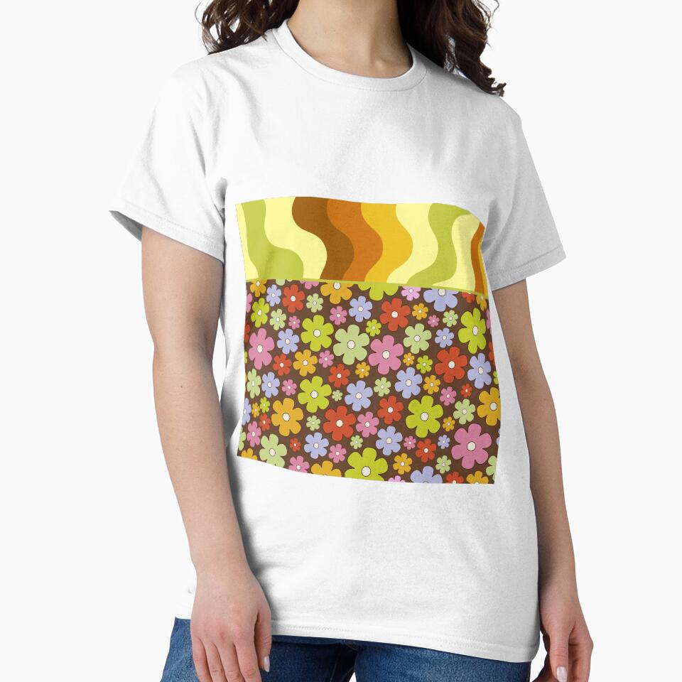 Colorful brown orange green  retro groovy 60s flowers by Inktown