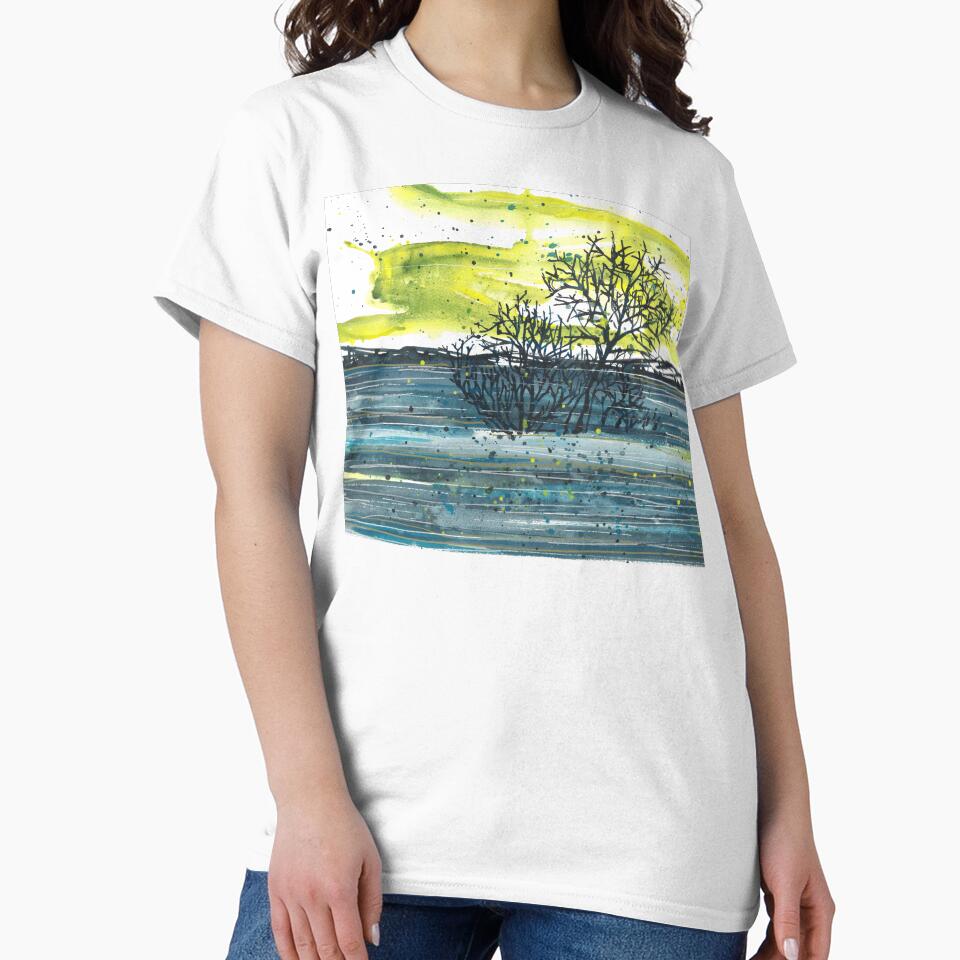 Watercolor blue and yellow landscape, abstract landscape, trees by anaozzart