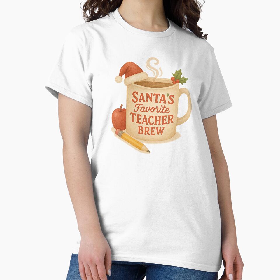 Santa’s Favorite Teacher Brew | Funny Christmas Coffee Mug Watercolor Design by Just You Tee | Say It Loud, Wear It Proud