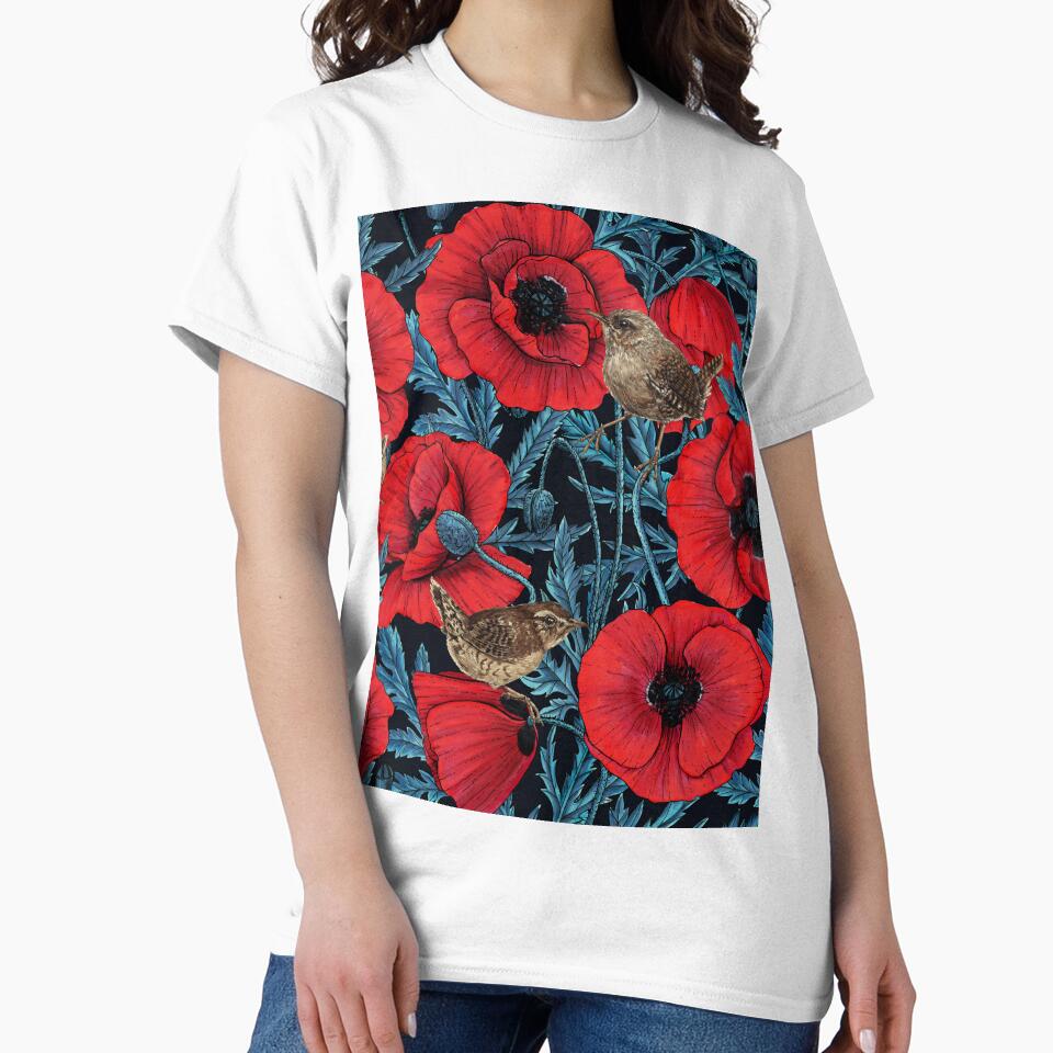 Red poppies and wrens, blue leaves on black by Katerina Mitkova Kirilova