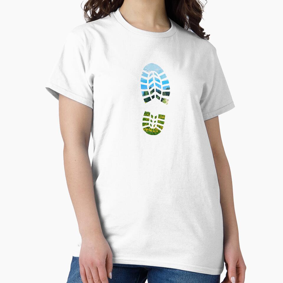 Hiking shoe print with mountain landscape by offtza