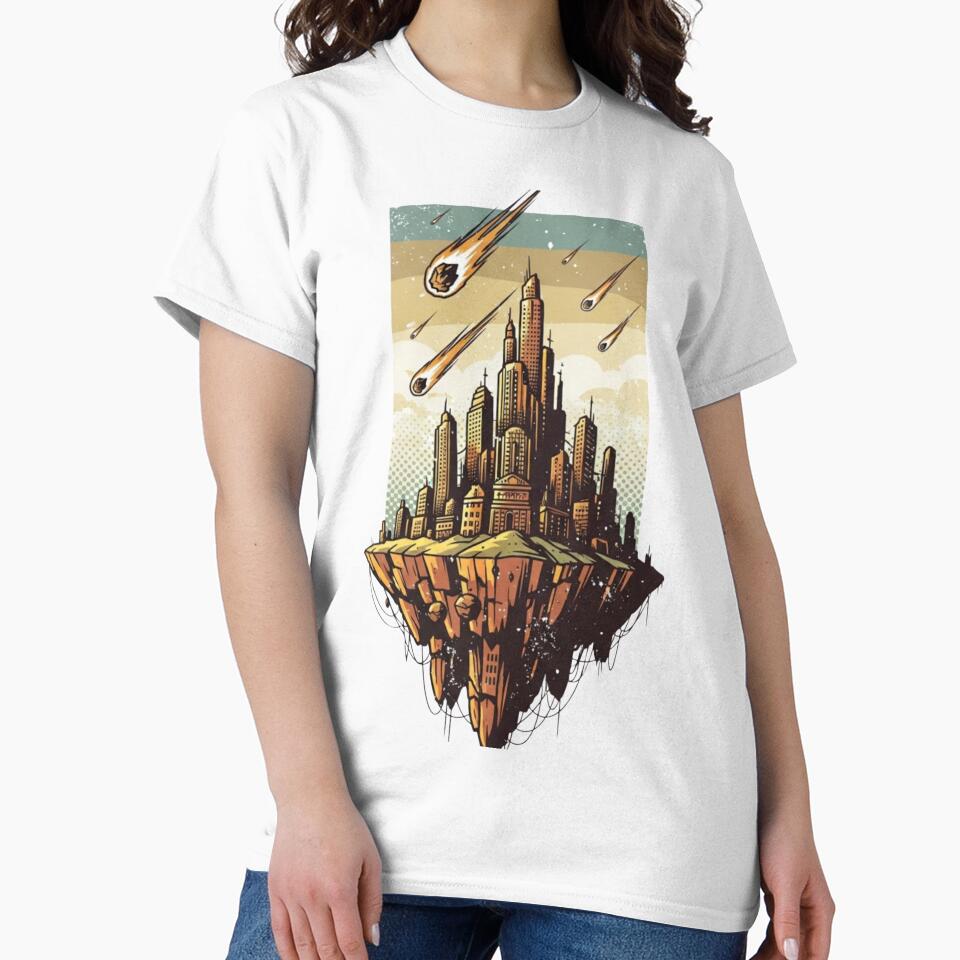 Floating City in the Sky T-Shirt – Apocalyptic Sci-Fi Fantasy Island Art Print by Dzblack
