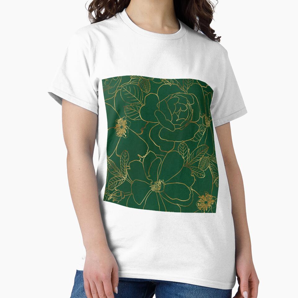 Elegant Green Gold Roses Floral Line Drawing by NdesignTrend
