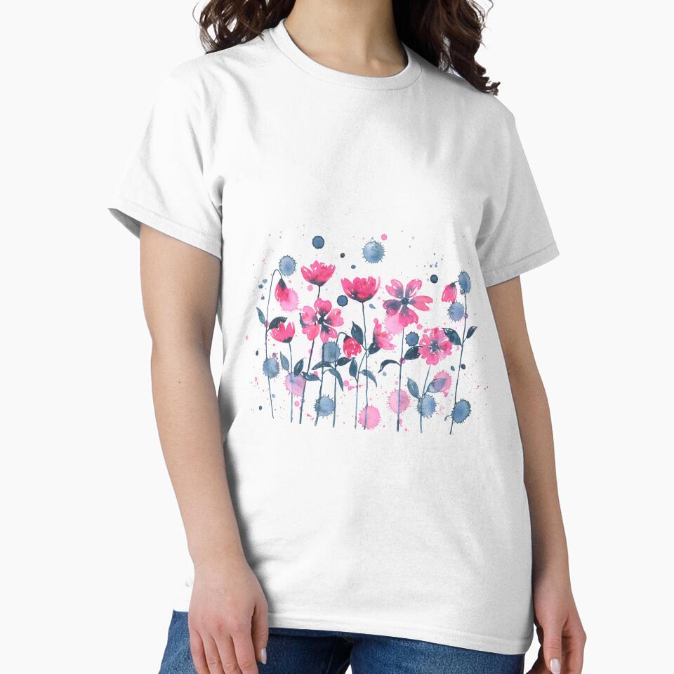 Garden of pink flowers painted with watercolors by cesartorresart