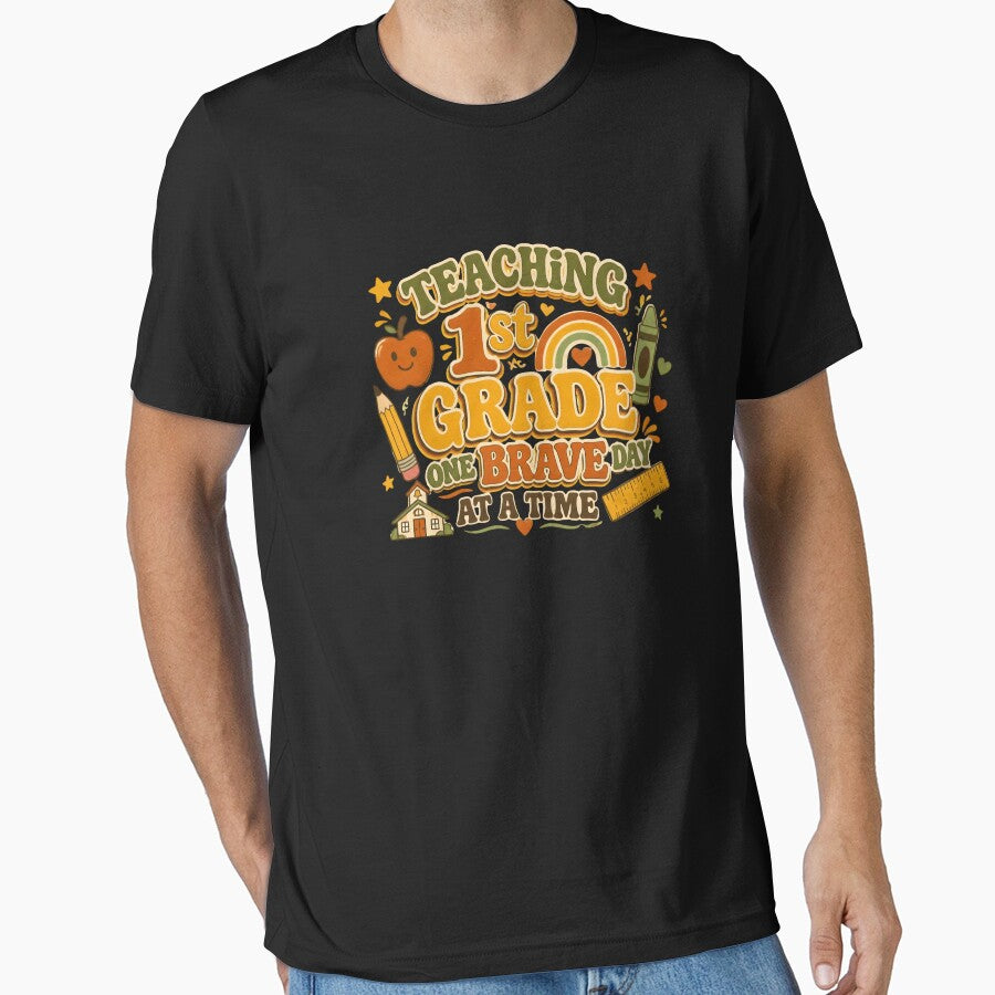 Retro Groovy Teaching 1st Grade One Brave Day At A Time Teacher T-Shirt by FestivityFinds