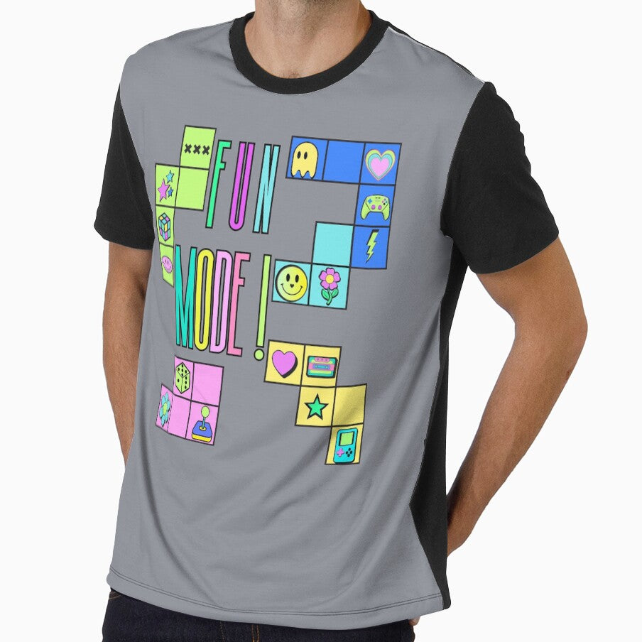 FUN MODE! Retro Arcade Gaming Graphic T-Shirt | Colorful Pastel Pop Art Gamer Tee by Aimetoi