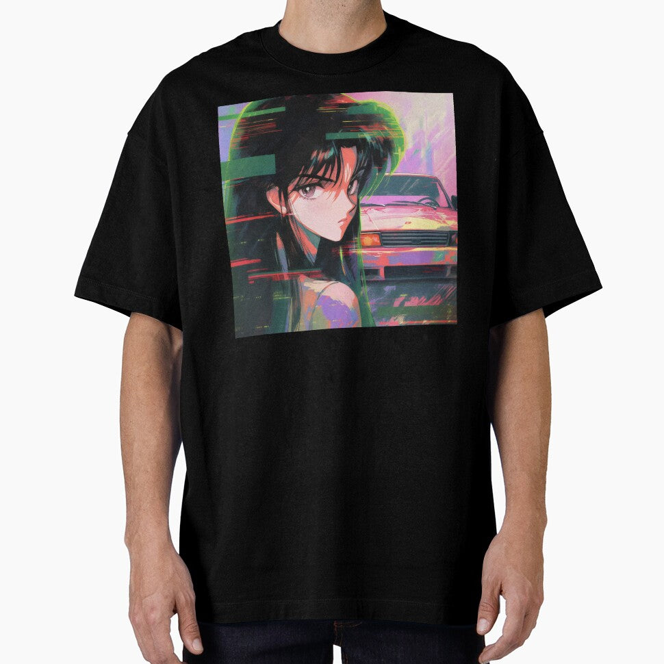 80s Anime Retro Girl Car Japanese Aesthetic Glitch Effect by glasseskyodai