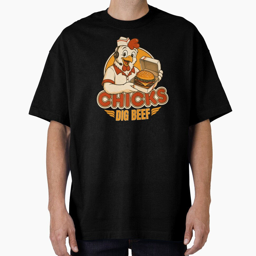 Chicks Dig Beef – Retro Chicken Burger Mascot by KennyTheBartender