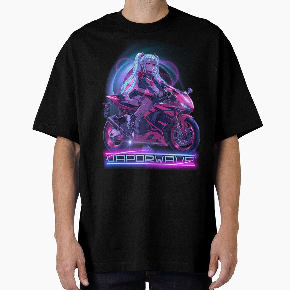 Vaporwave Anime Girl on Motorcycle,90s Retro Aesthetic Synthwave Art by WVPR
