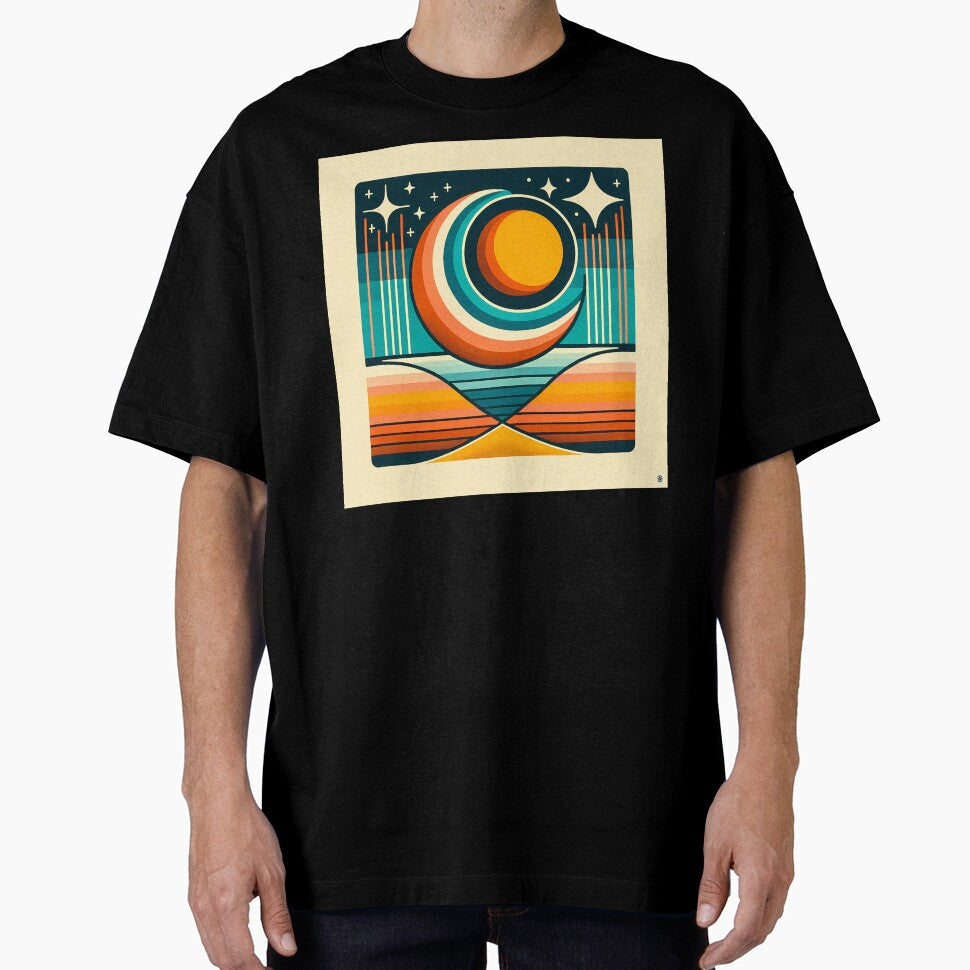 Geometric Sun Moon Over Striped Horizon by InkSmithery
