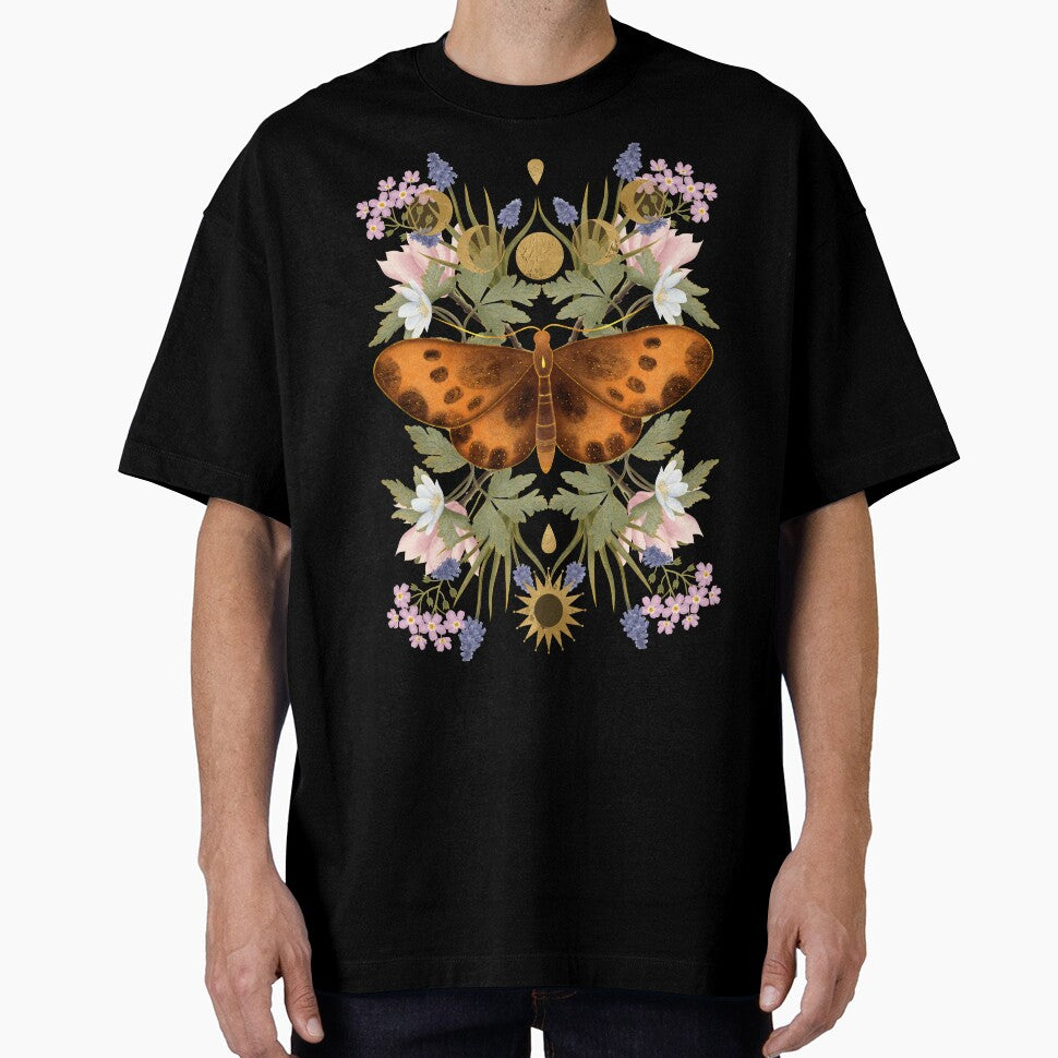 Bright mystical print featuring a symmetrical orange moth, meadow wildflowers, lavender, and a shining golden sun. A beautiful embodiment of astrology and woodland secrets. by Grin Katalina Floral Patterns & Cozy Art