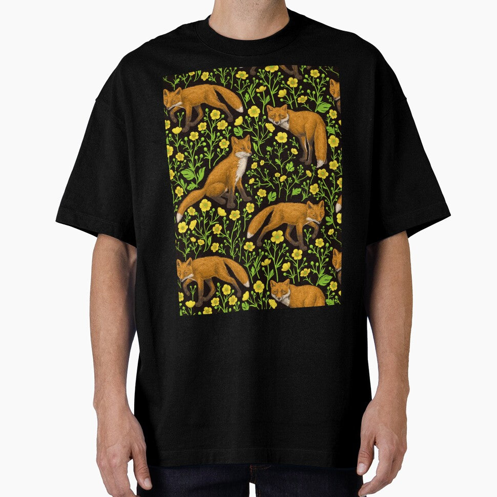Foxes and buttercups on black by Katerina Mitkova Kirilova