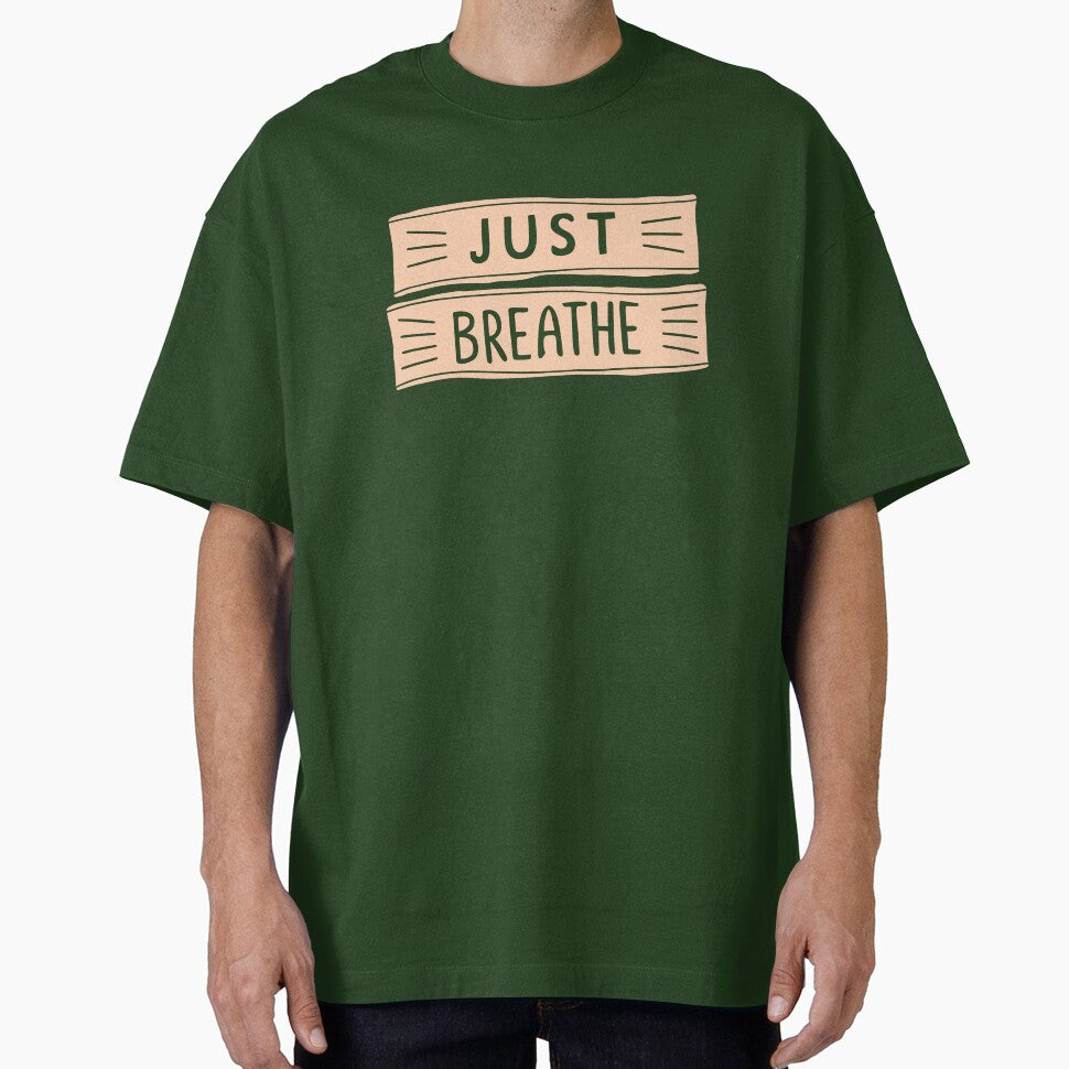 Just Breathe Typography T-Shirt | Minimal Mindfulness & Wellness Design by happyrays