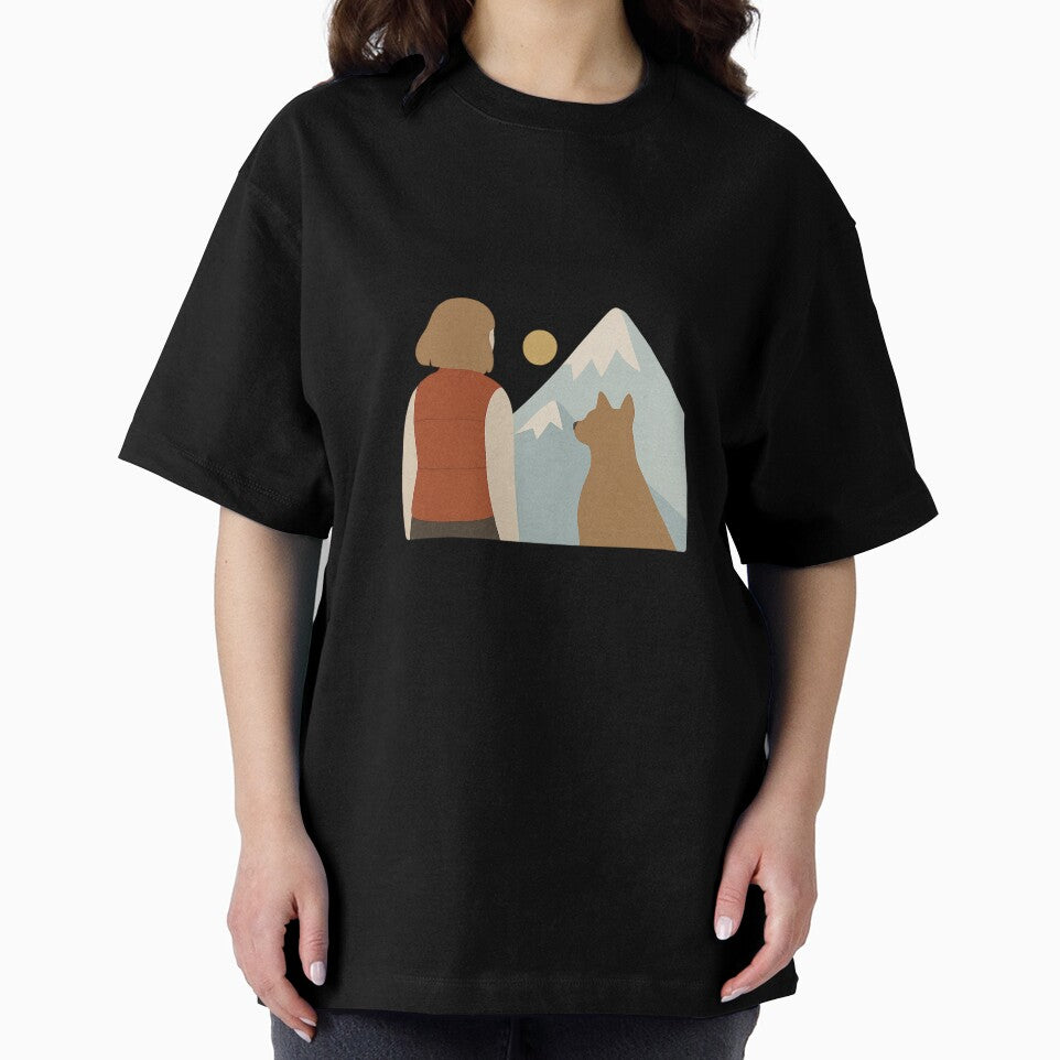Woman and Dog Looking at Mountains Illustration by Wandertrace