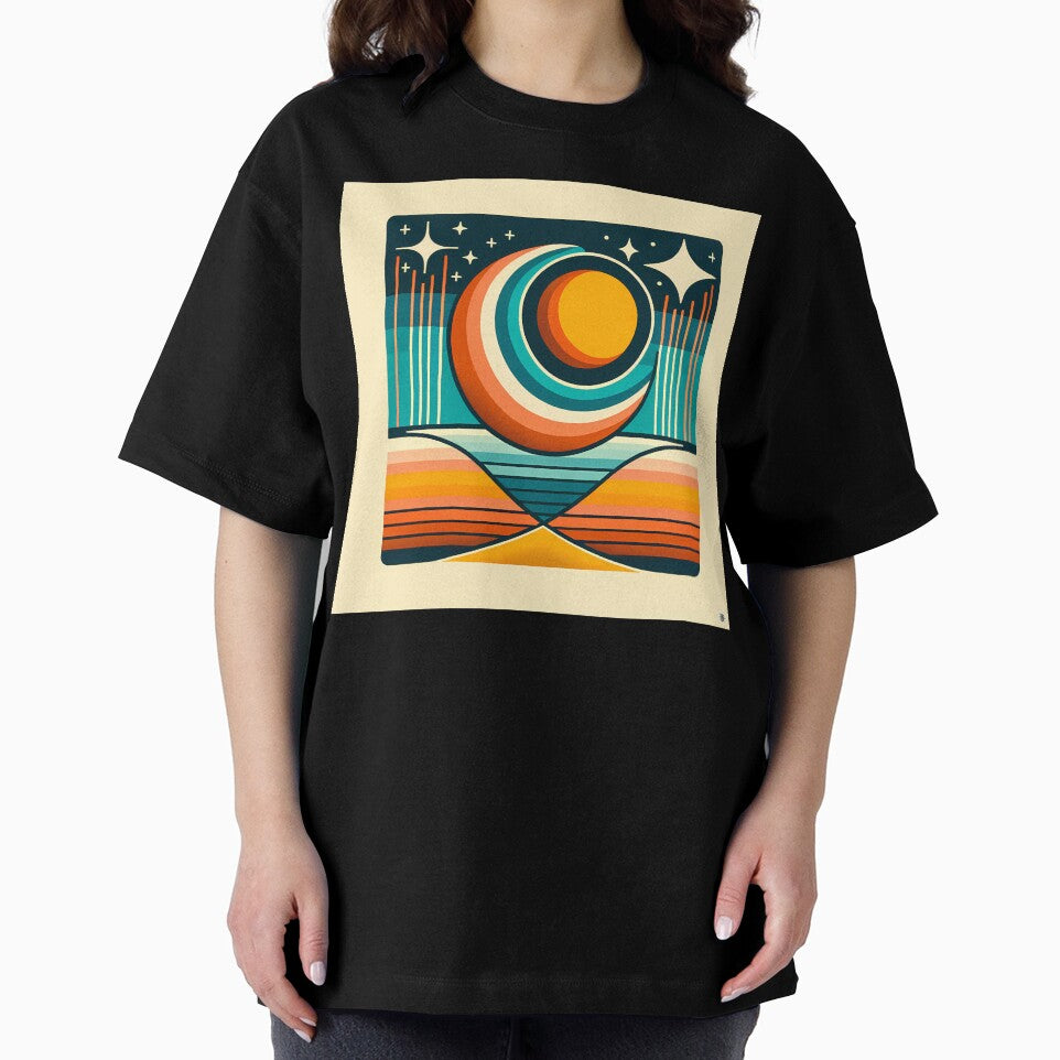Geometric Sun Moon Over Striped Horizon by InkSmithery