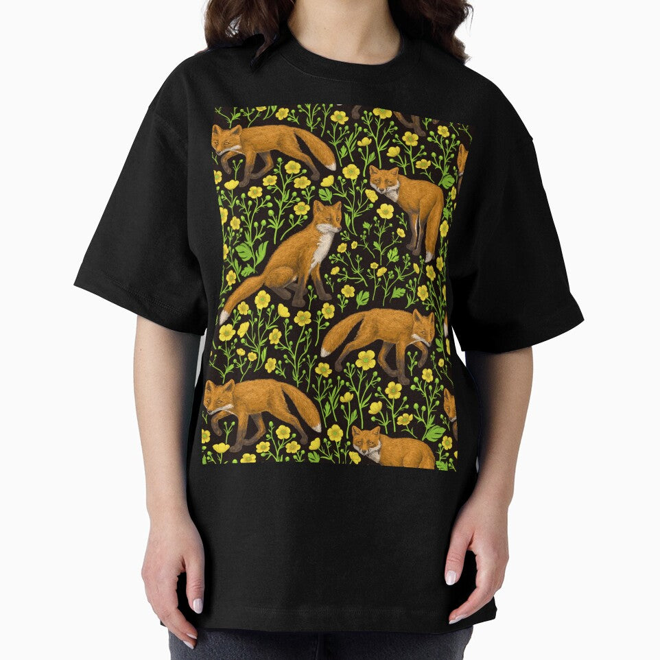 Foxes and buttercups on black by Katerina Mitkova Kirilova