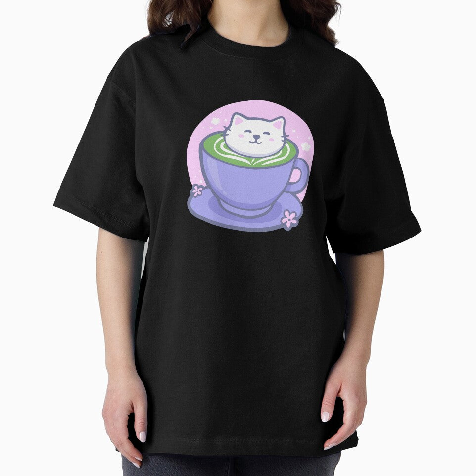 Kawaii Cat in Matcha Cup – Cute Green Tea Aesthetic Art by Tattyarts