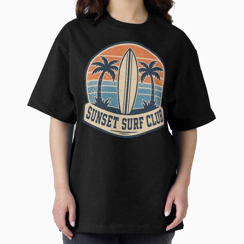 Sunset Surf Club Vintage Badge – Retro Beach Surfing Graphic Design by SaDesign99