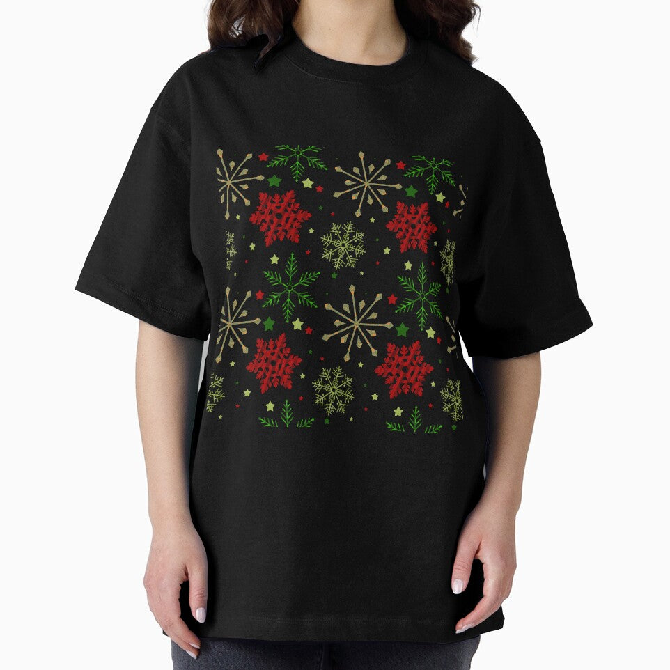 Christmas Snowflakes and Stars Pattern  // Red // Green // Gold by Lavender Mint Graphics