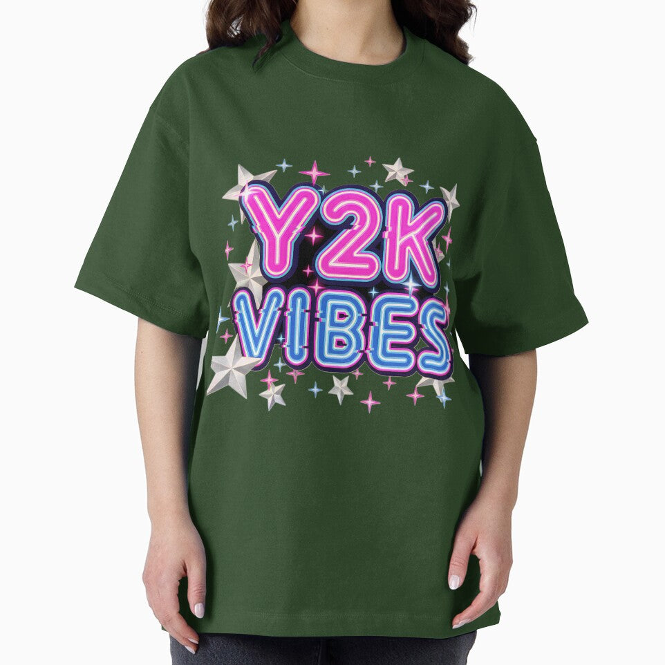 Y2K Vibes Neon Glitch Typography Retro T-Shirt by CryptoCactus