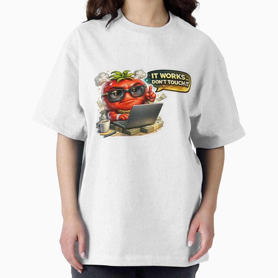TITLE: Funny Tomato Character It Works Don't Touch It Programmer Sticker by Bhinfy