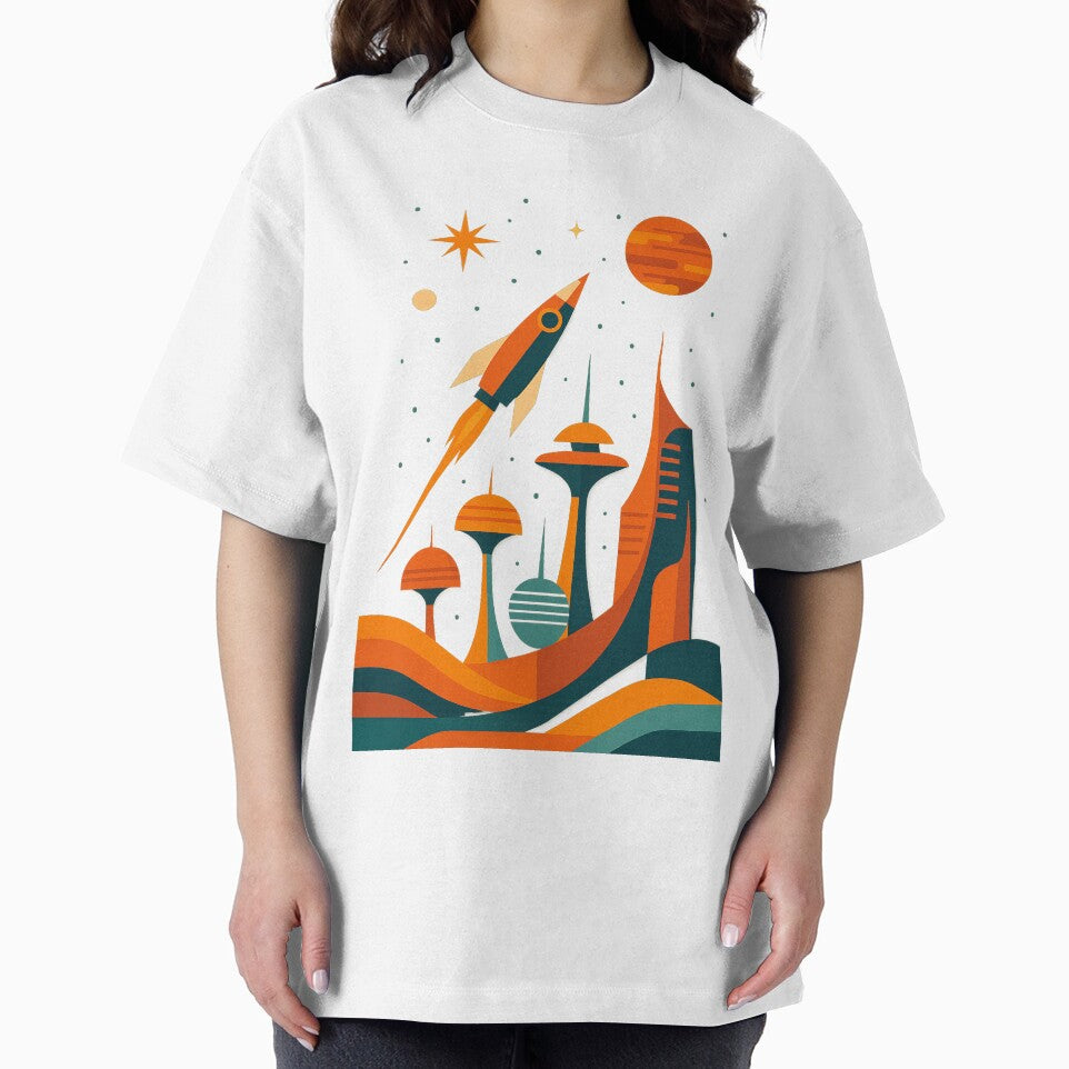 Retro Futurism Rocket Over Space City by SholoStudio